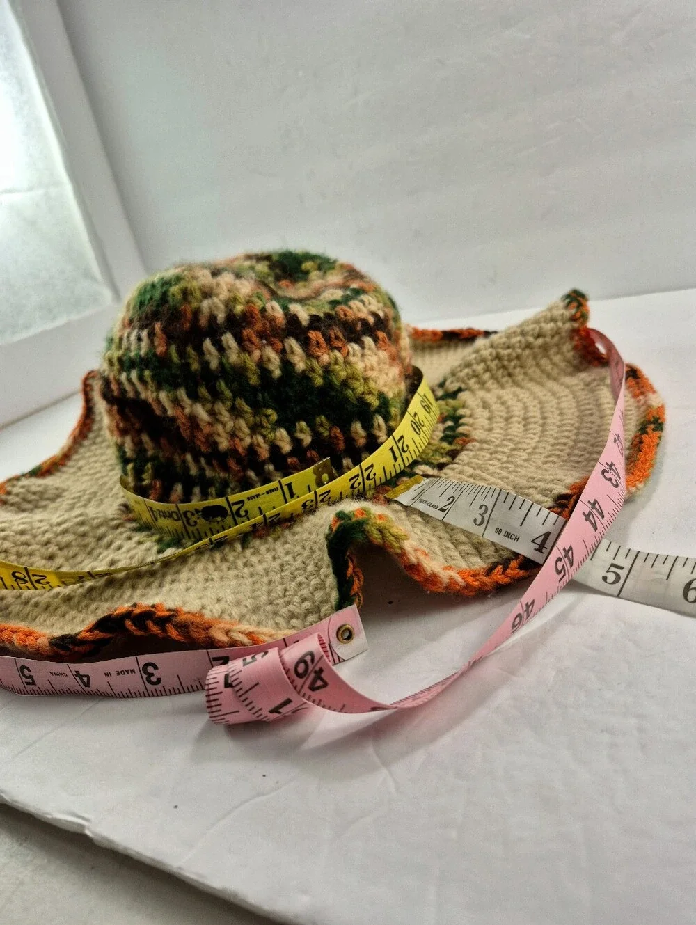 Handmade Boho Crochet Wide Brim Hat Camo Earth Tone Floppy festival Hat 70s Vibe